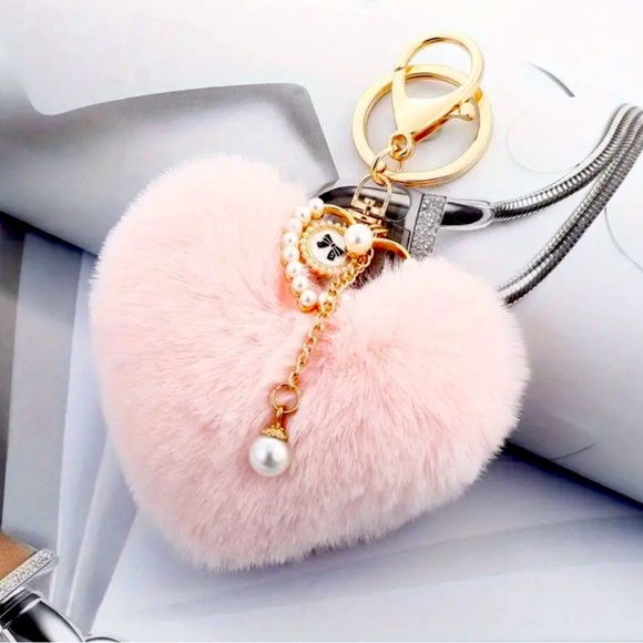 Heart Shaped Faux Fur Pompom Bag Charm Key Charm Pink - Picture 2 of 2
